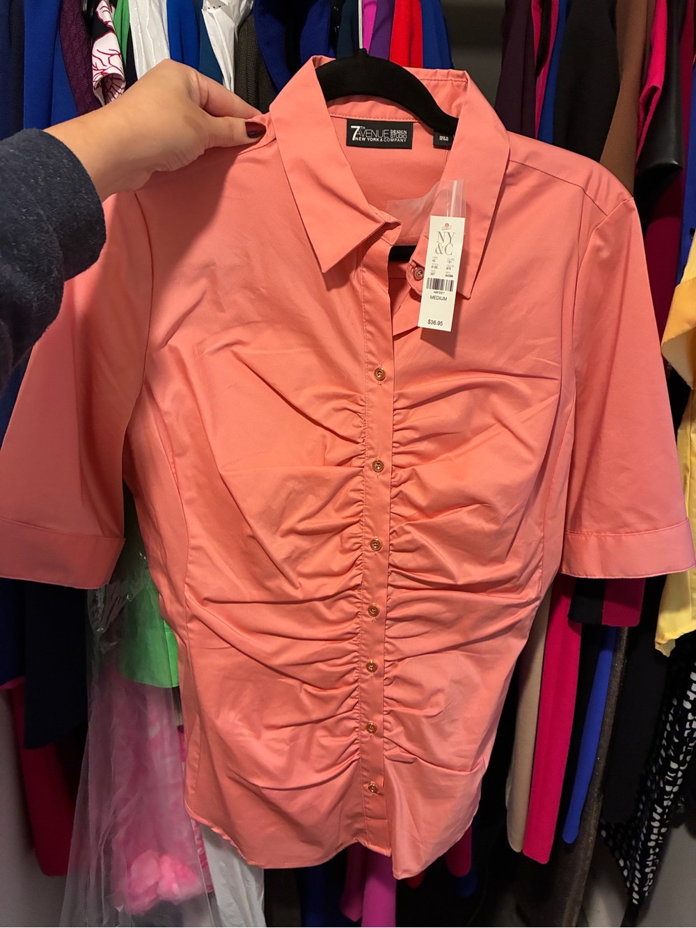 New York & Company Coral Button-Front Ruched Shirt